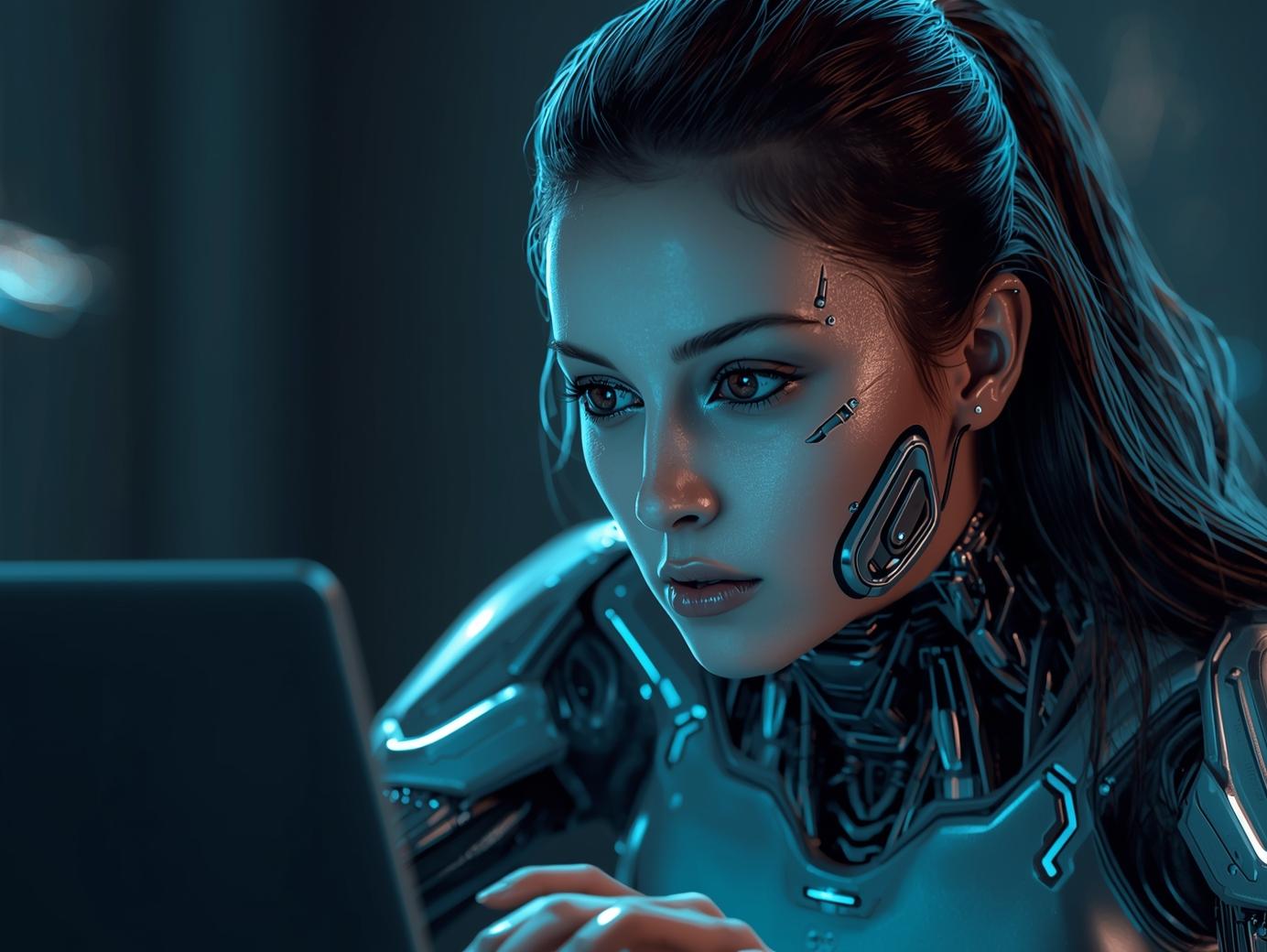 a women who look like robot and human face opeating laptop