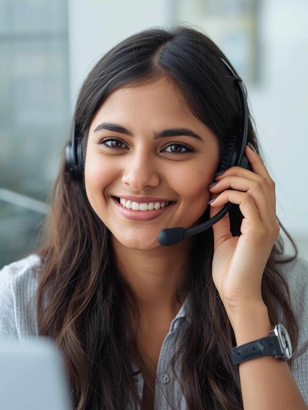 indian cute woman wearing headphone Calling agent